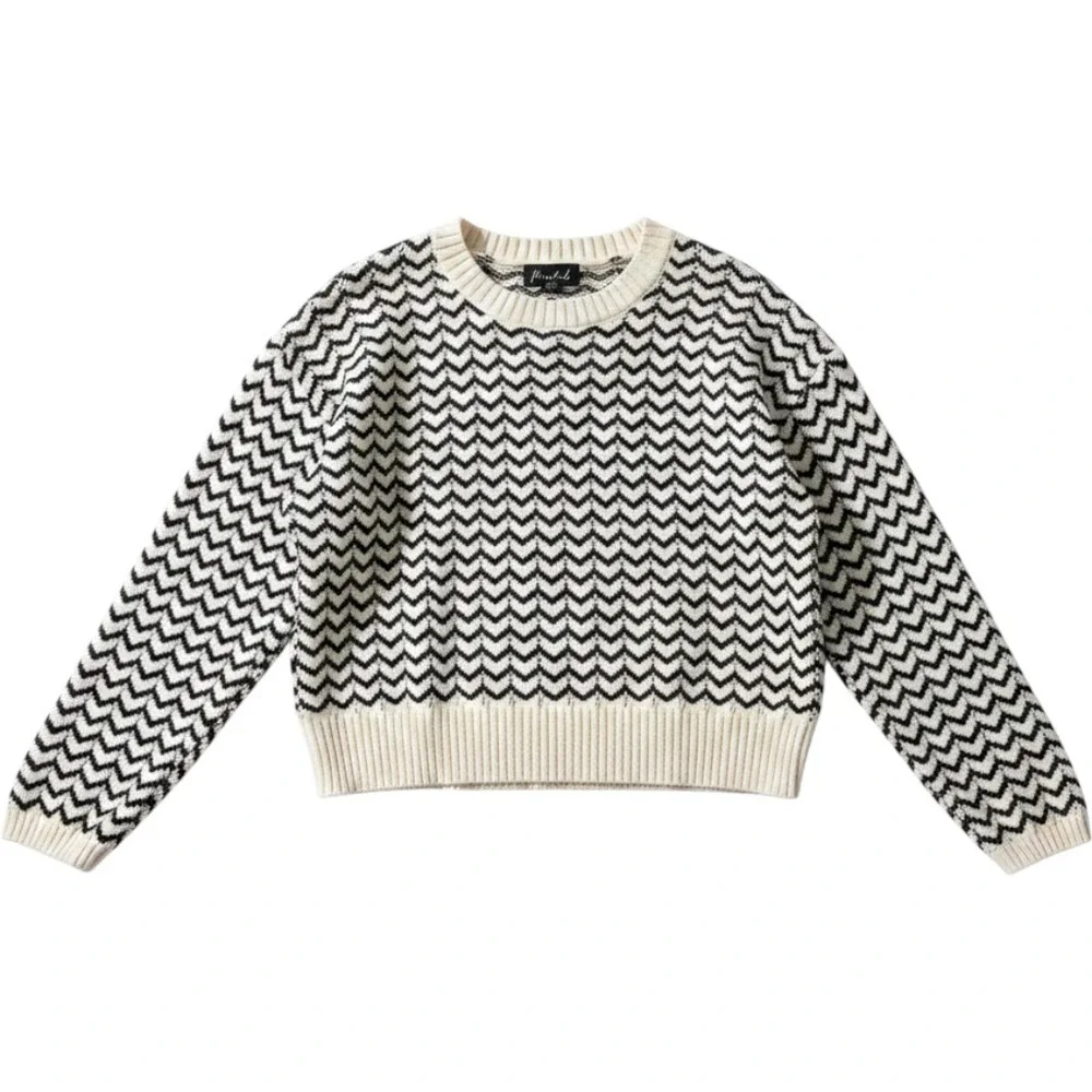 Marled Women Black Cream Chevron Sweater Large Cotton Ribbed‎ Knit Casual Winter